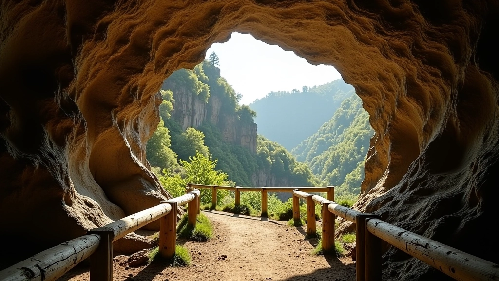 Entrance to Punkva Cave showing ornate stone formations and natural archway with morning light filtering through the opening