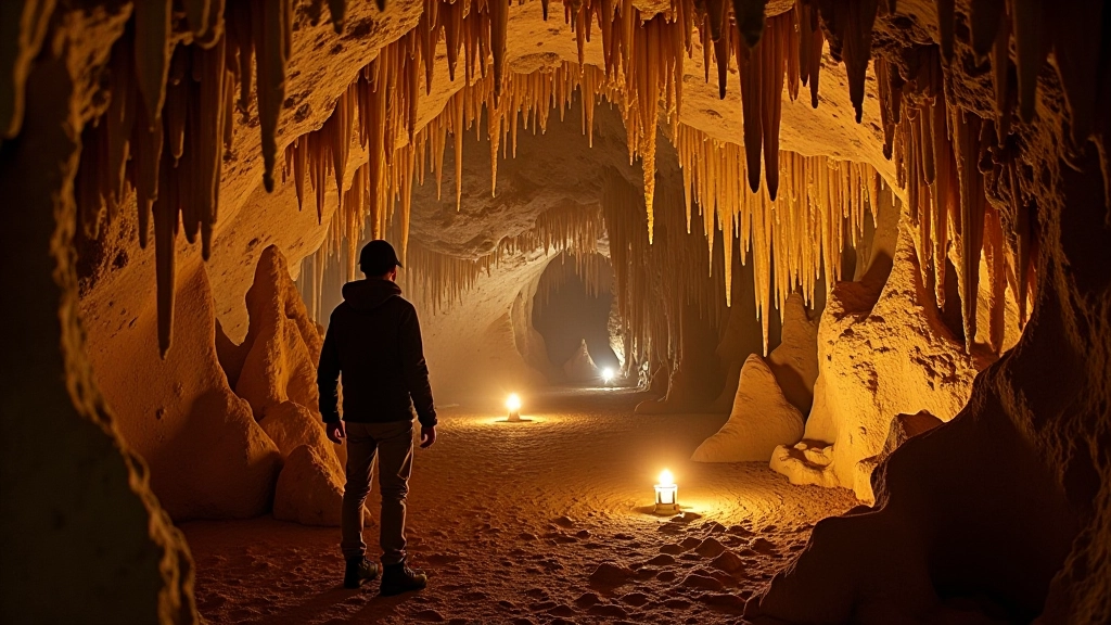 Interior of cave system showing stalactite and stalagmite formations with natural cave lighting, geological layering visible on walls