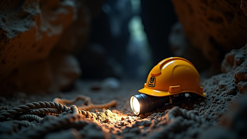 Safety equipment display showing helmet, rope, and headlamp arranged on cave floor for preparation