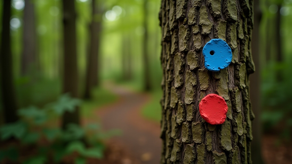 Close-up of red and blue trail markers painted on tree bark showing hiking direction