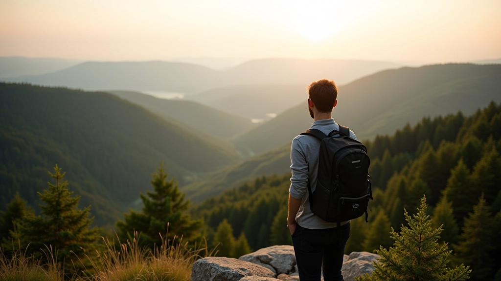 Elevated scenic overlook showing forested landscape with distant valleys and mountains
