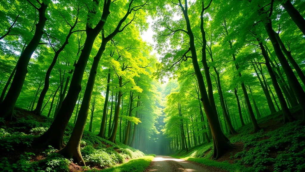 Dense green forest canopy with dappled sunlight filtering through beech and oak trees