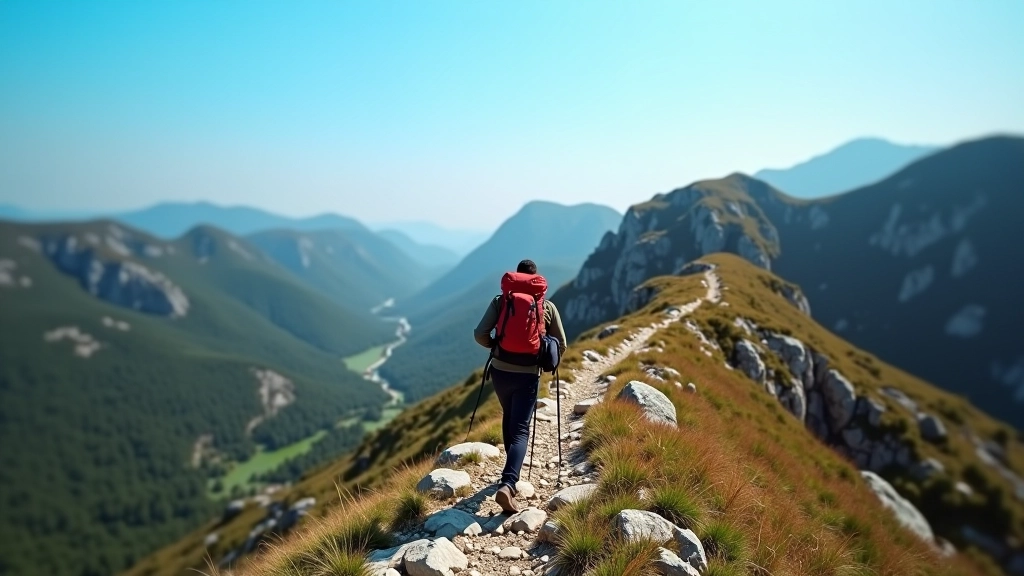 Hiker ascending rocky trail with mountain vista and valley view in background