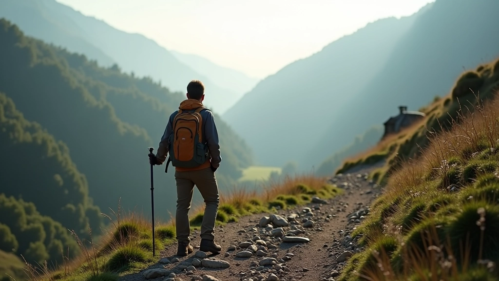 Mountain hiker on scenic trail overlooking valley landscape with morning mist