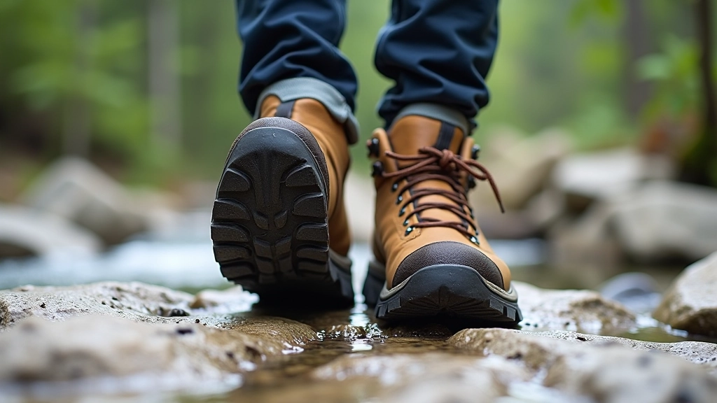 Close-up of proper hiking boots on rocky limestone surface showing grip pattern and water resistance