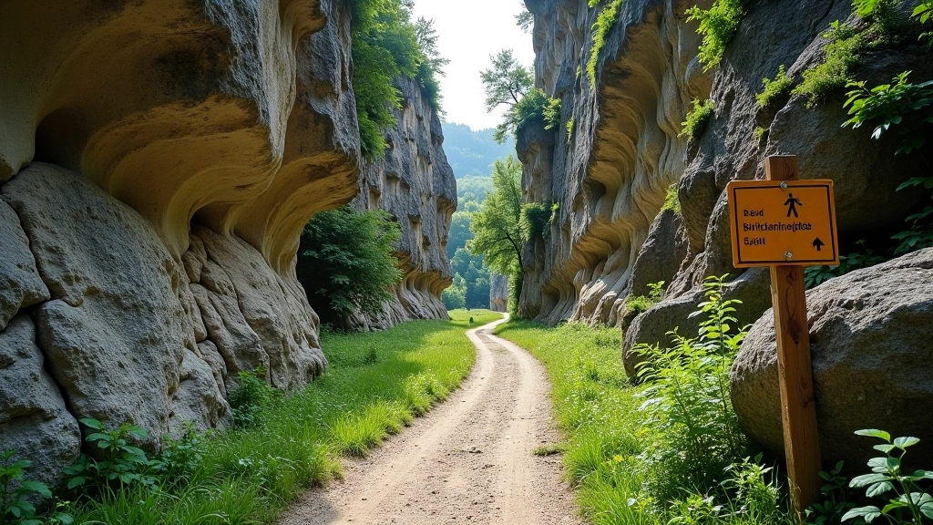 Hiking trail entrance path with limestone cliffs on either side, wooden directional signage, clear marked walking path