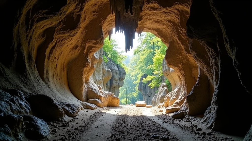 Limestone cave entrance with rocky formations and natural light streaming inside