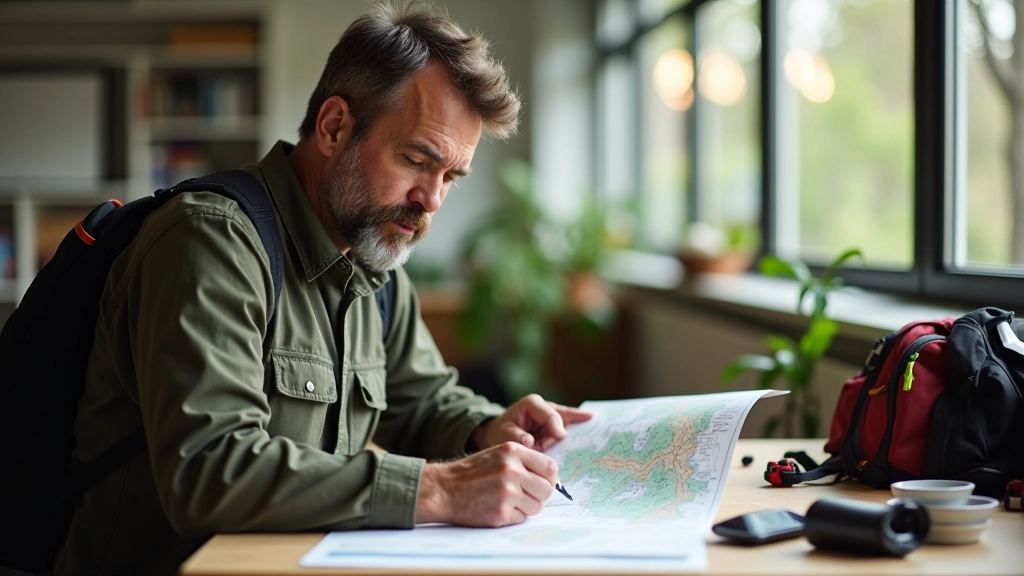 Marek Šimánek reviewing detailed hiking maps and trail documentation at workspace desk with geological samples