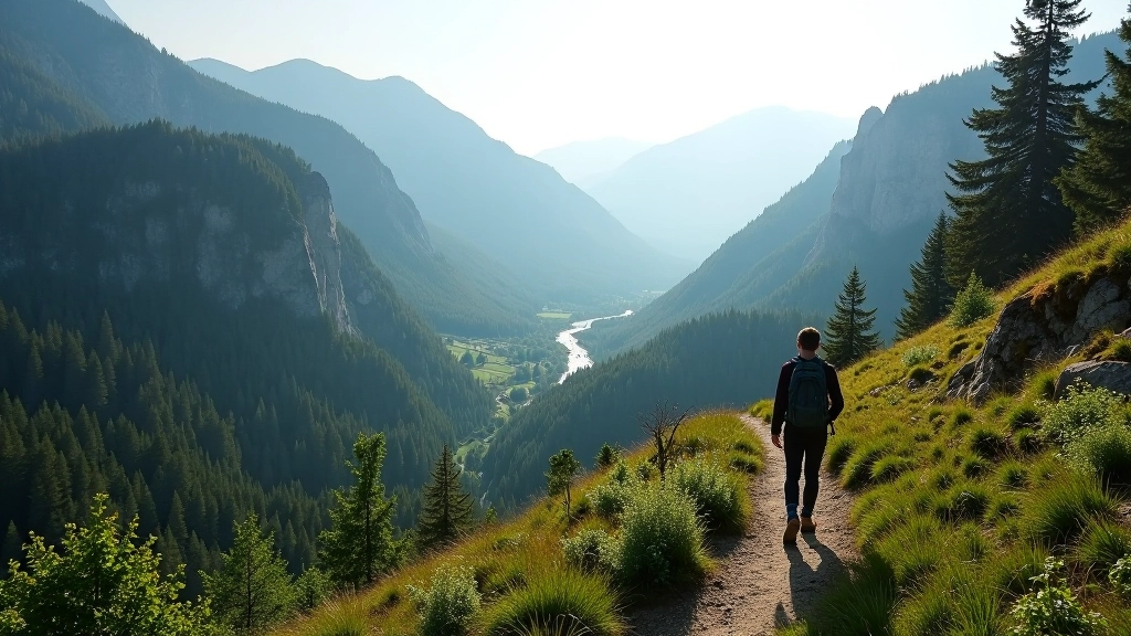 Mountain landscape with hiking trail winding through forested valley near Brno