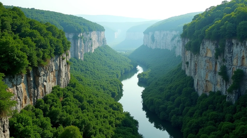Scenic view of Dyje River valley with limestone cliffs and forest coverage