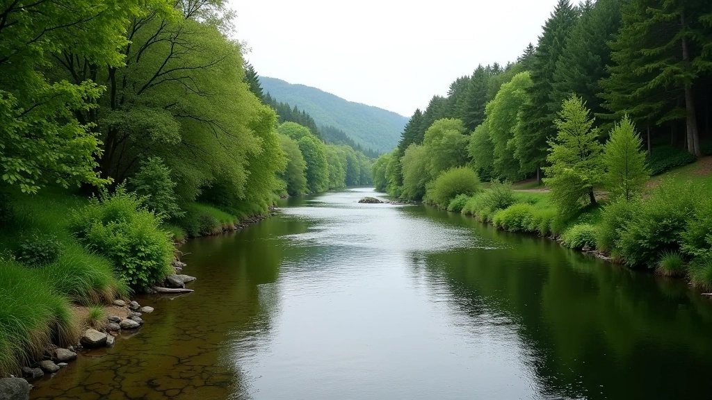 River during spring season with high water levels and surrounding greenery