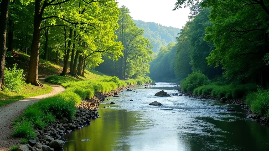 Peaceful river flowing through green forested valley with hiking path alongside water