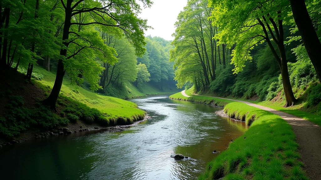 River flowing through green valley with hiking path alongside water