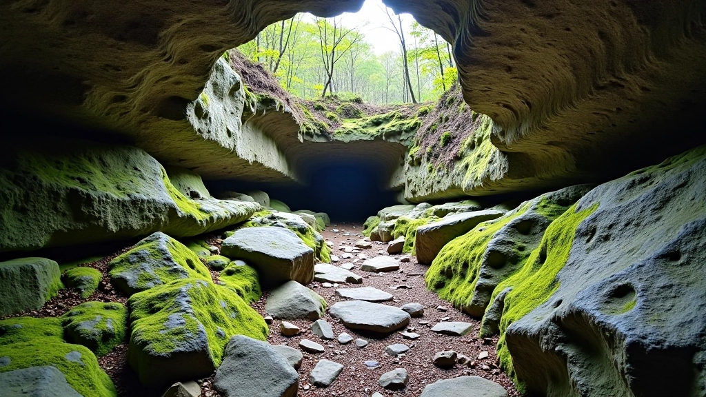 Rocky limestone formations with cave entrance in Moravian Karst landscape