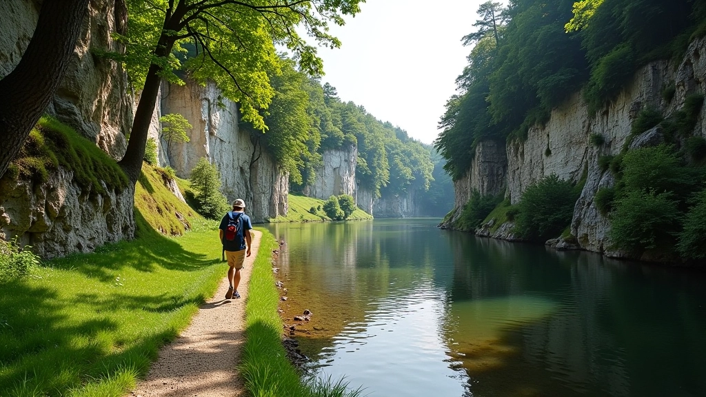 Peaceful riverside path with limestone cliffs and native vegetation